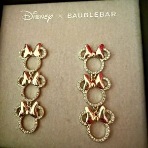 Disney x BaubleBar Triple Minnie Mouse Head Gold Bow Pavé Crystals Drop Earrings